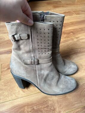 Ecco Taupe Studded Leather Mid-Calf Heeled Boots
